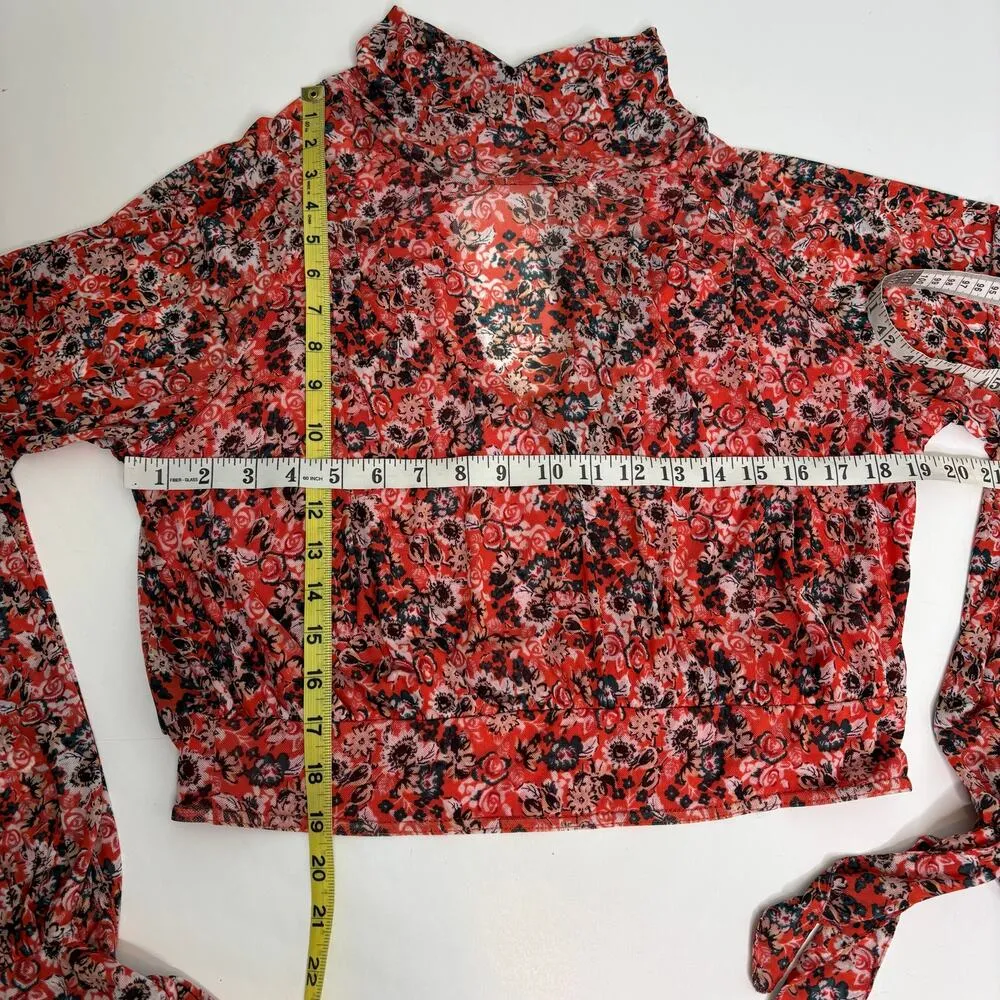 Free People All Dolled Up Floral Mesh Long Sleeve Tie Cuff Top Red L - Image 9