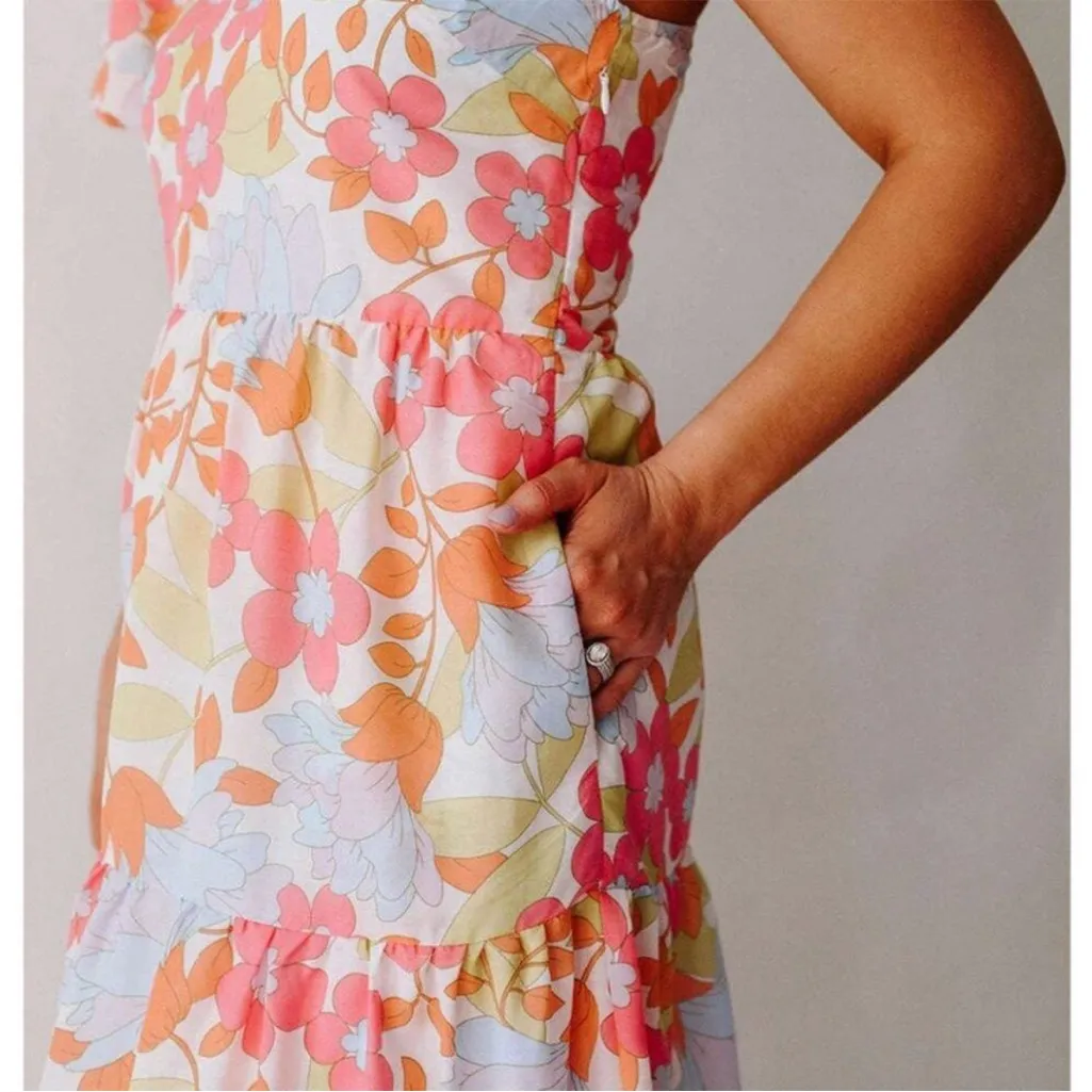 J.Marie Ava Mae Floral Puff Sleeve One Shoulder Midi Maxi Spring Dress size L Pink Size L - Image 7