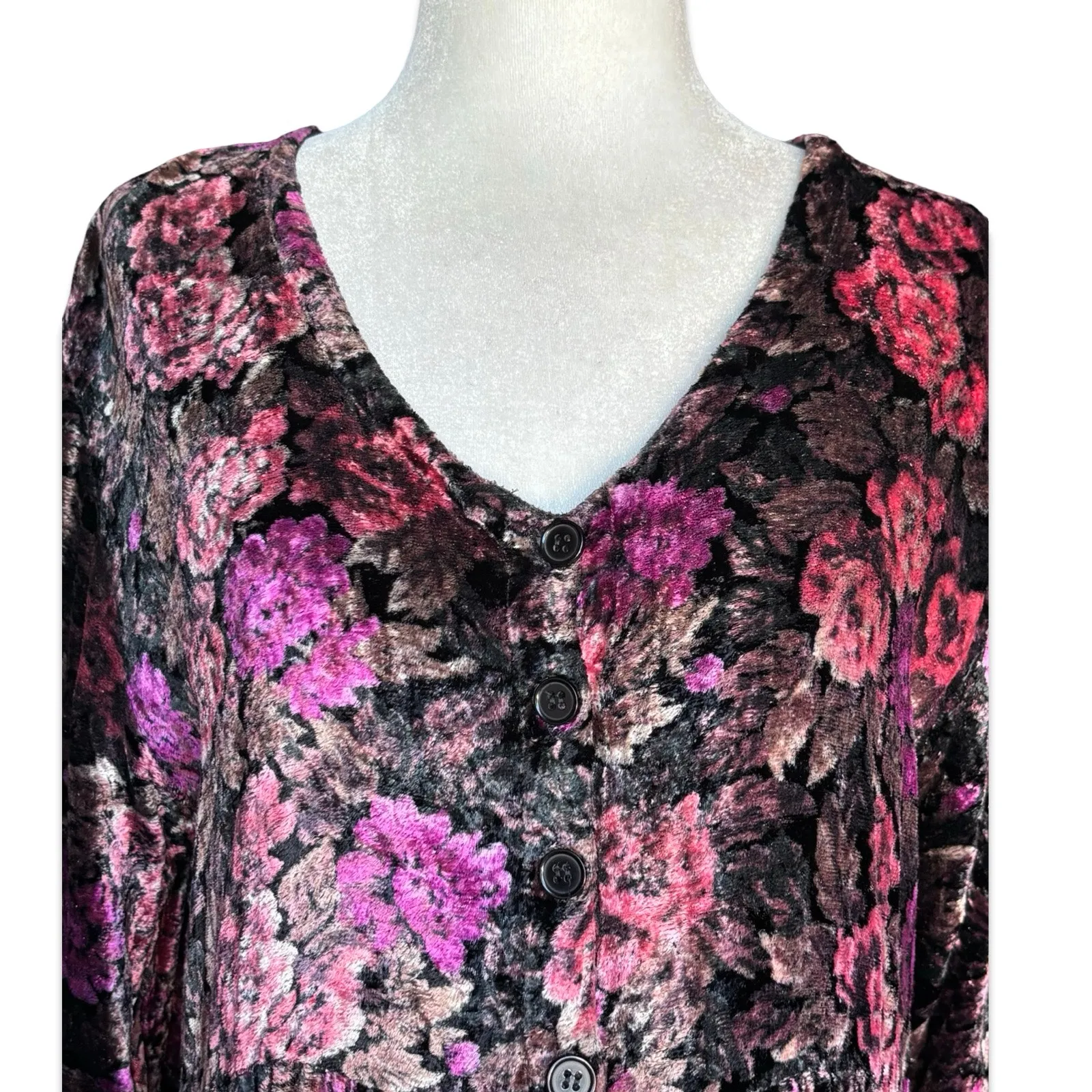 Vintage Nostalgia Dark Floral Velvet Maxi Dress Long Sleeve Button Front Fairy Black Size M - Image 2