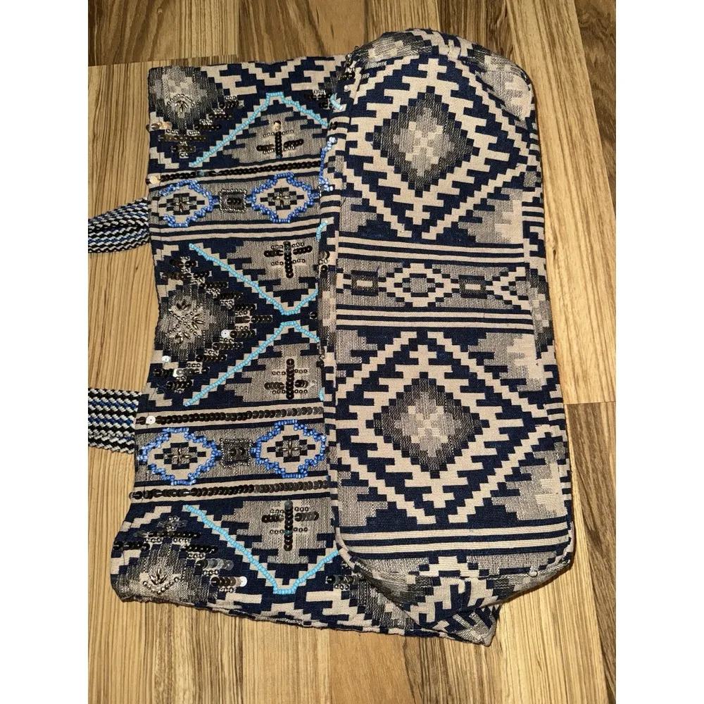 Stephanie‎ Nicole Womens Anthropologie Southwestern Tote Bag Large Blue Silver - Image 5