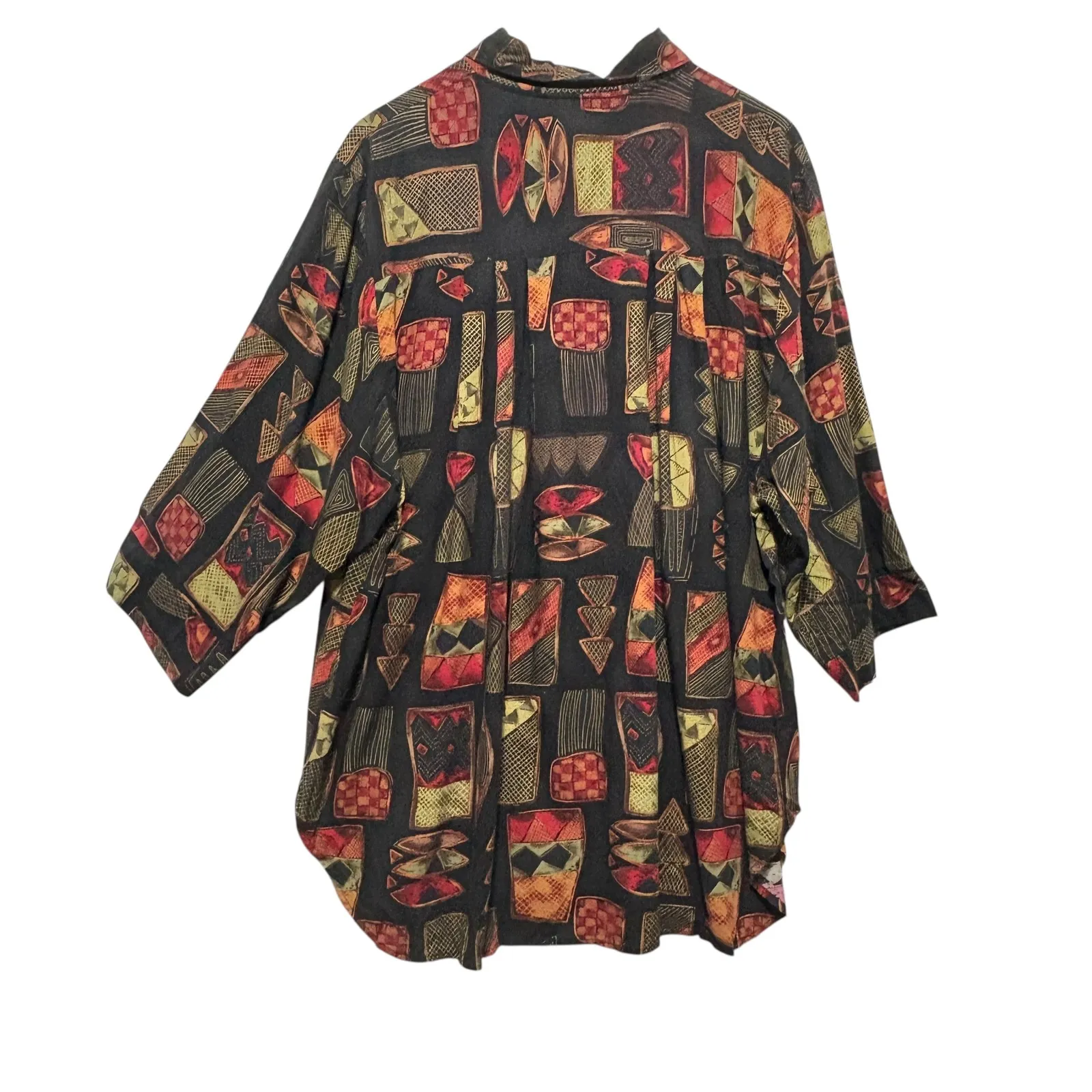 Vintage CST Studio Button Shirt 2X Rayon Patchwork Elephant Print Boho Artsy 90s Black - Image 2