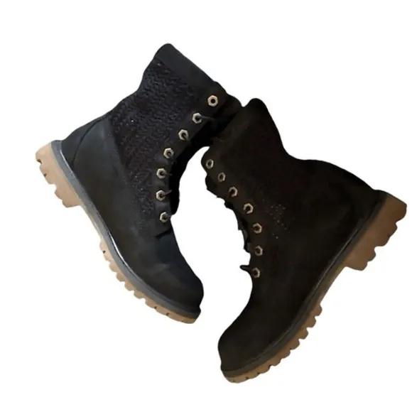 Timberlands Black Lace Up Combat Boots Textured Shaft Chunky Sole Women's Size 7 - Image 3
