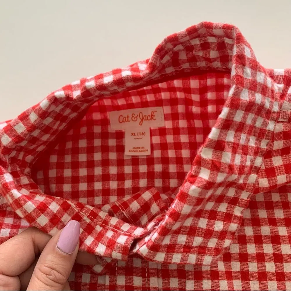 Via Penny Lane Reworked The Rolling Stones Graphic Gingham L/S Button Up Shirt Red - Image 4