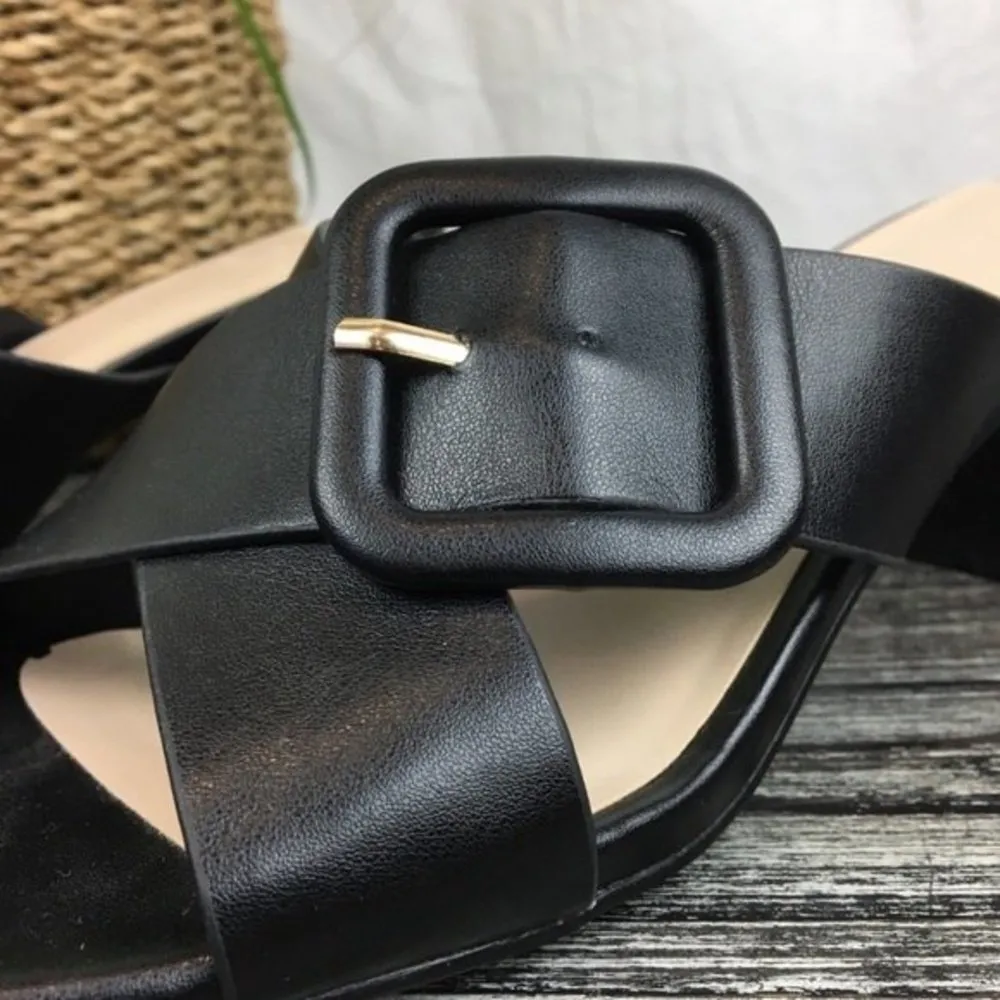 Halston Women's Black Square Toe Vegan Leather Buckle Block Heel Sandal 9 - Image 5