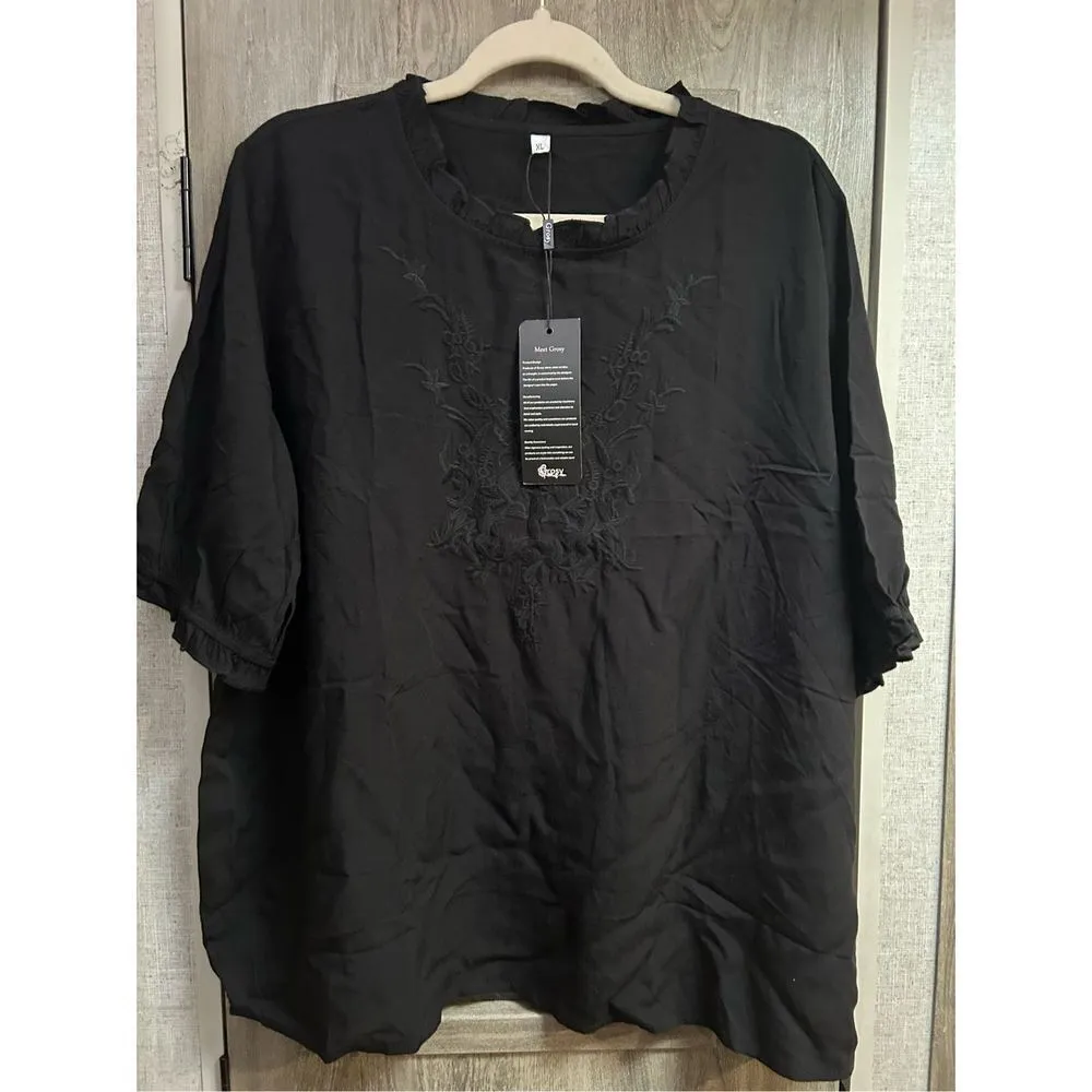 NEW Embroidered Rayon Tops Blouse Casual Embroidery Shirt XL Black - Image 8