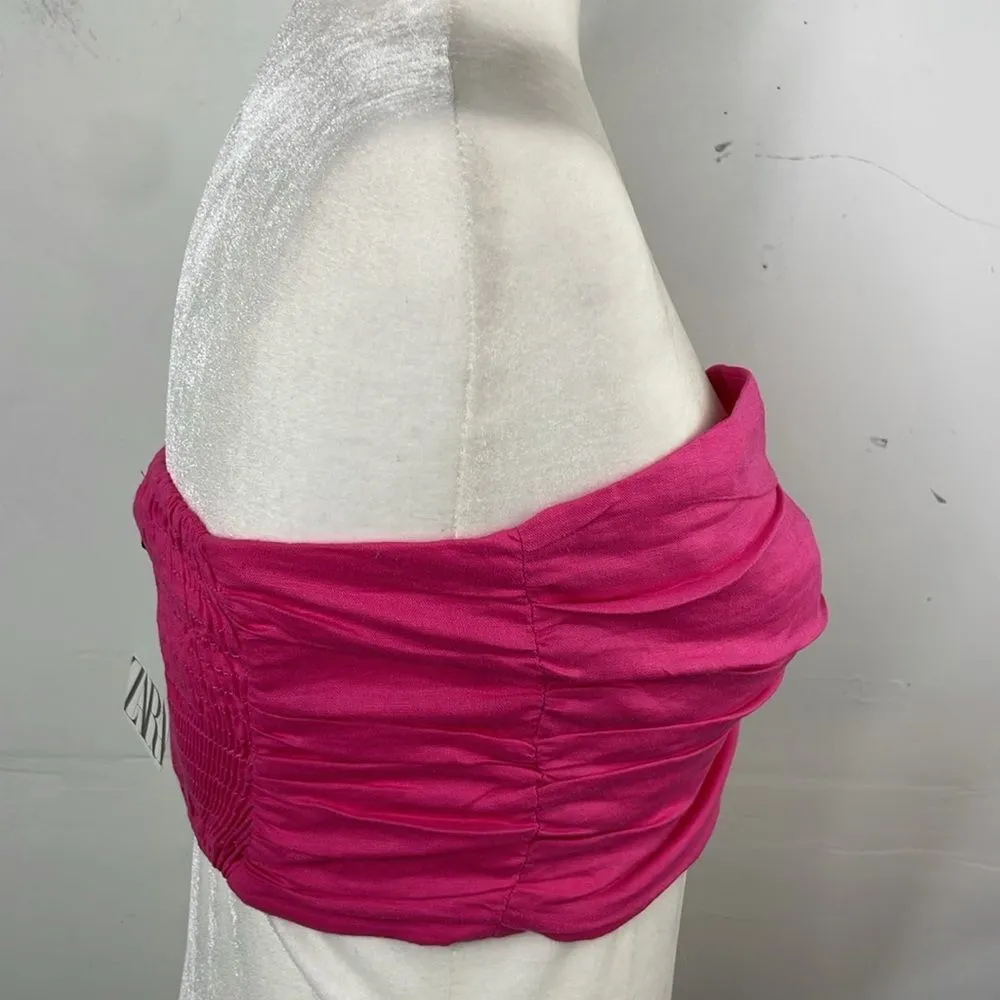 Zara Fuchsia Strapless Gathered Top linen blend size Medium - Image 4