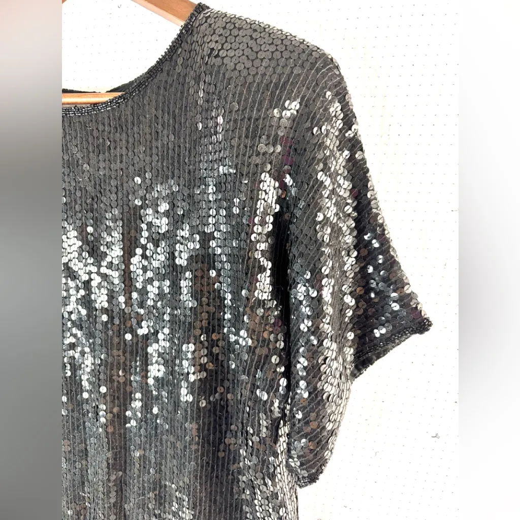 Chanson d’Amour Glam 80s Silk Black Beads Sequins Blouse Top Size L - Image 3