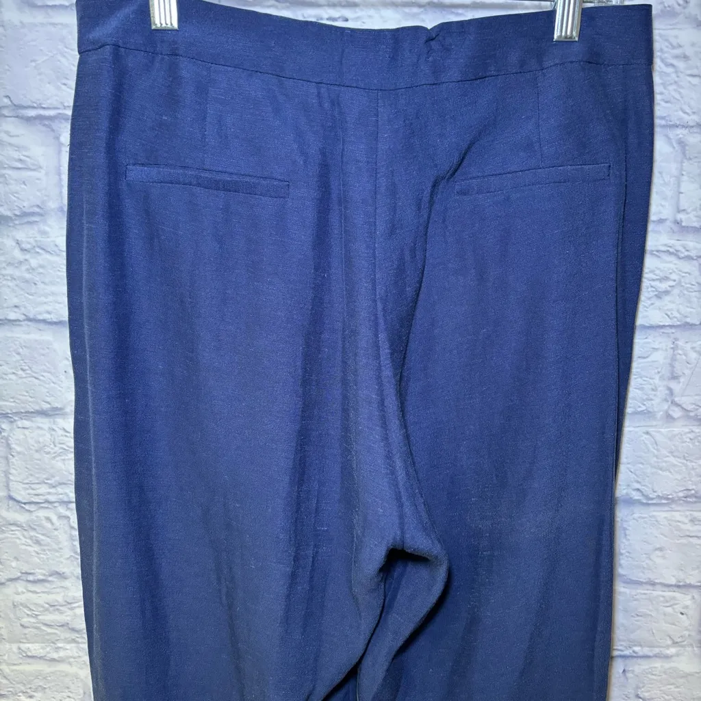 Sezane Trousers Womens 42 Blue Wide Leg High Rise Cuffed Career Linen Blend FLAW - Image 2