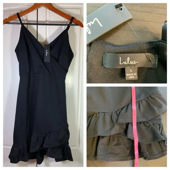 LULUs Black Mini Strappy Classic Ruffle Dress Size Large Stretch LBD Semi Formal - Image 2