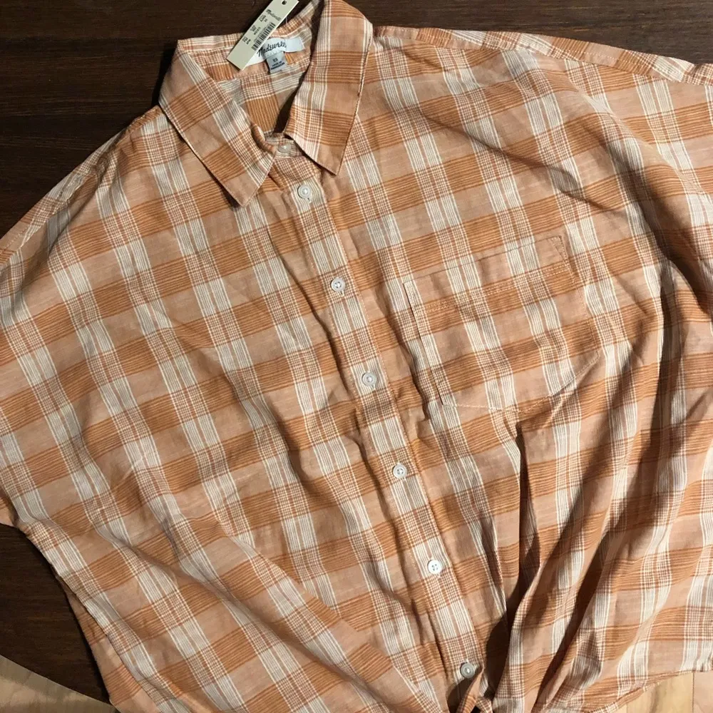 Madewell Peach Orange White Plaid Short Sleeve Tie Front Top Colwell Plaid XS - Image 5