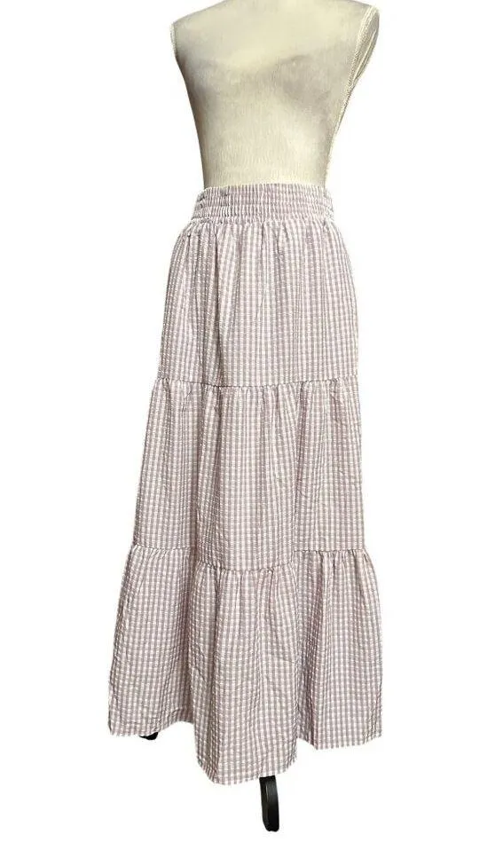English Factory Check Print Tiered Maxi Skirt Gingham High-Waisted  Size M NWT - Image 3