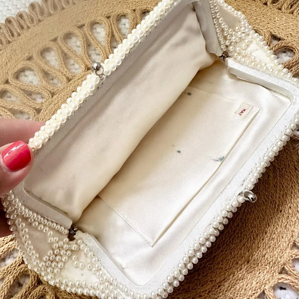 Vintage Small Ivory Pearl Glass Bead Butterfly Design Kiss Lock Bridal Clutch - Image 5
