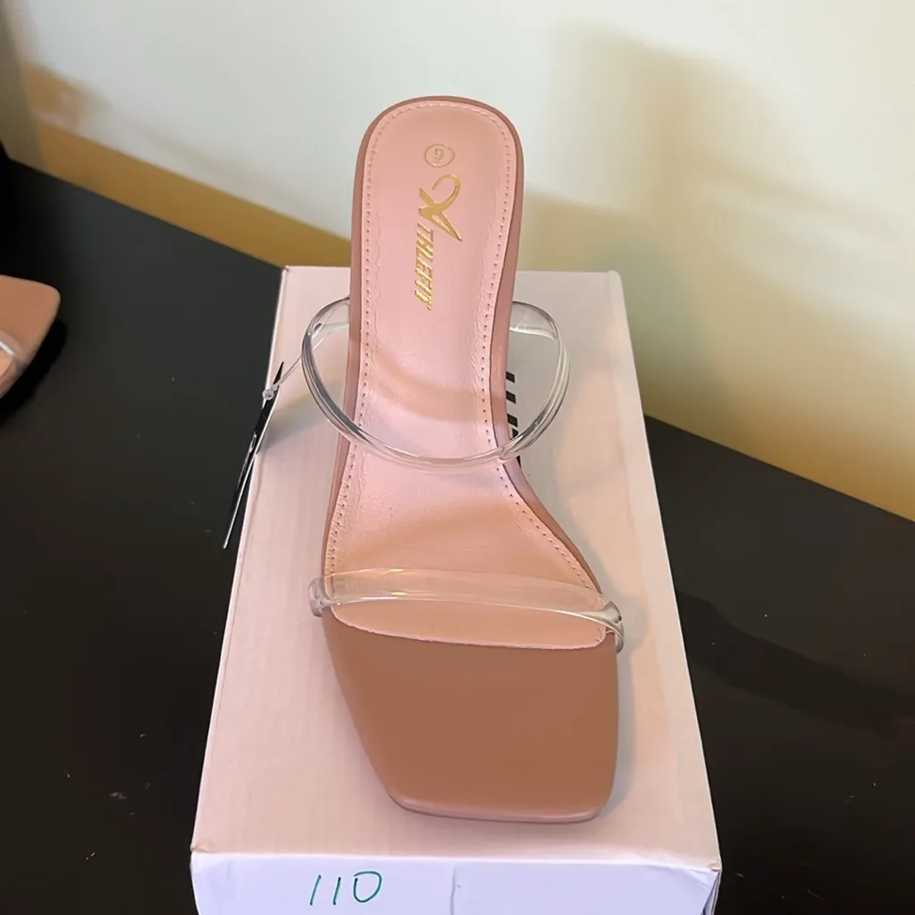 Athlefit square toe chunky block heel sandals, with clear double straps Tan Size 9 - Image 7