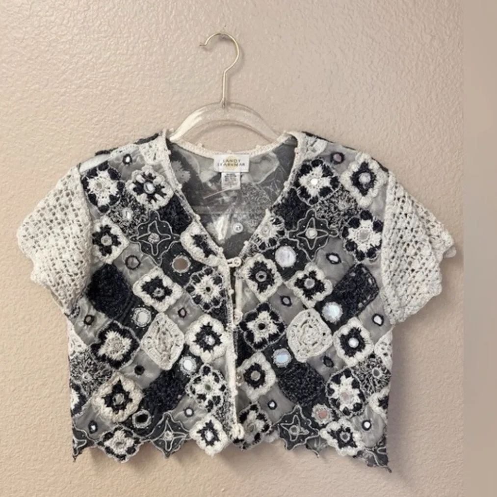 Sandy Starkman NWOT Vintage Floral Crochet Mirror Cardigan Sweater Sise S Blue - Image 2