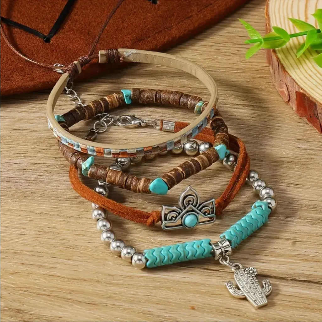 Boho Chic Cactus Turquoise Wooden Bracelet‎ Set Handmade Jewelry for Any Day Brown - Image 5
