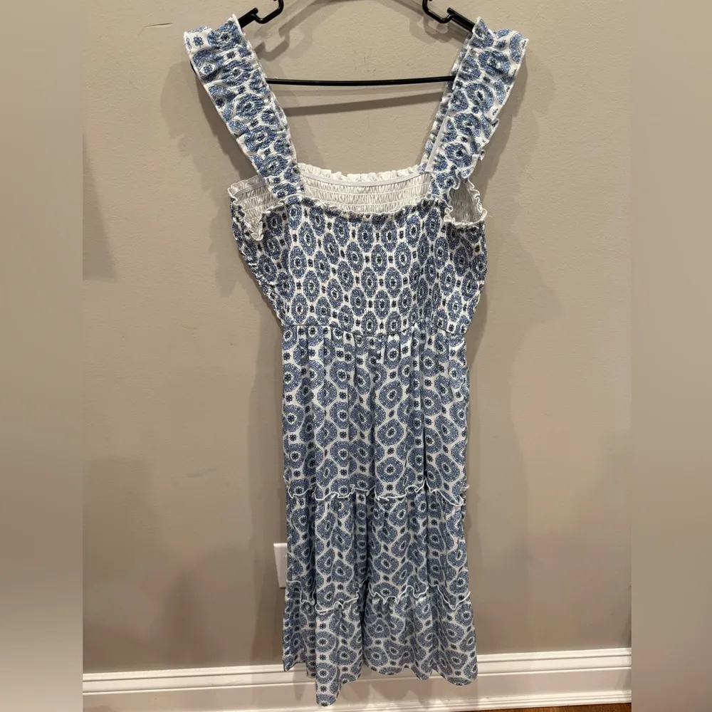 As U Wish Blue and White Chinoiserie Smocked Ruffle Sleeve Tiered Midi Dress - Image 6