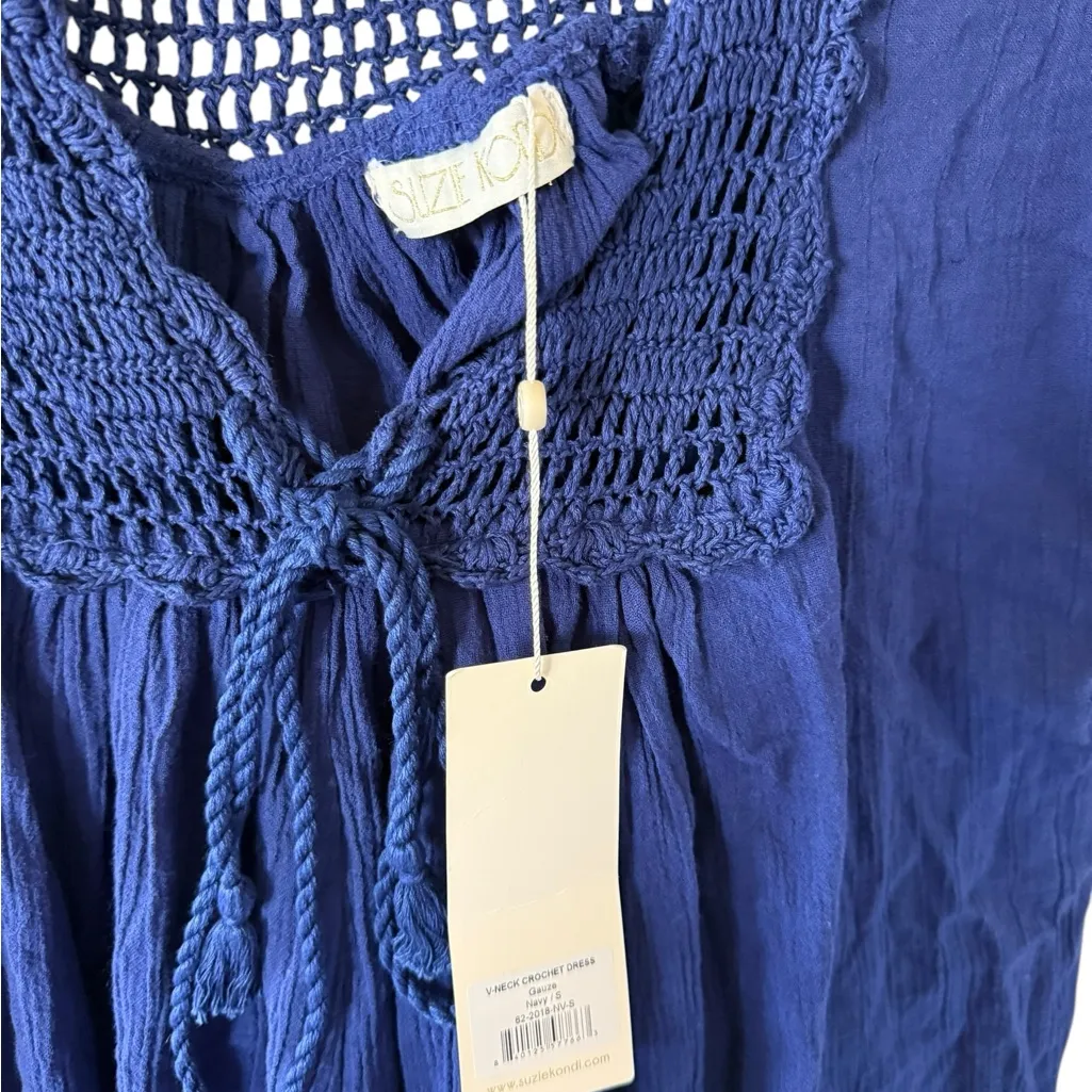 Suzi Kondi NEW Navy Vneck Crochet Dress White - Image 7