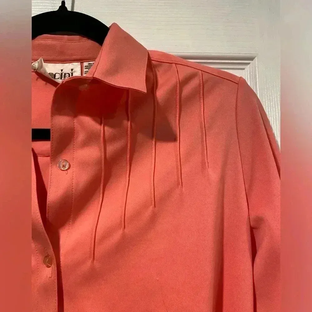 VTG Puccini Pintuck Pleated Salmon Pink Long Sleeve Collared Button Down Size 8 - Image 2