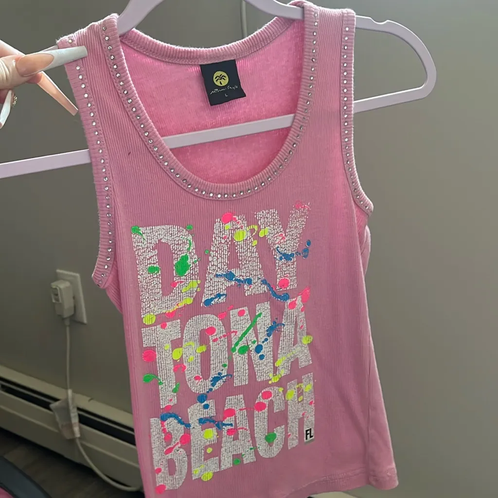 Women’s Pink Embellished Tank from Daytona Beach 🏖️ Florida Rhinestones Small - Image 2