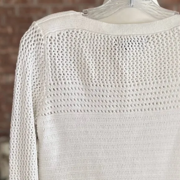 Tahari Sweater Crewneck Open Knit White Long Sleeve XS Preppy Classic Casual - Image 10