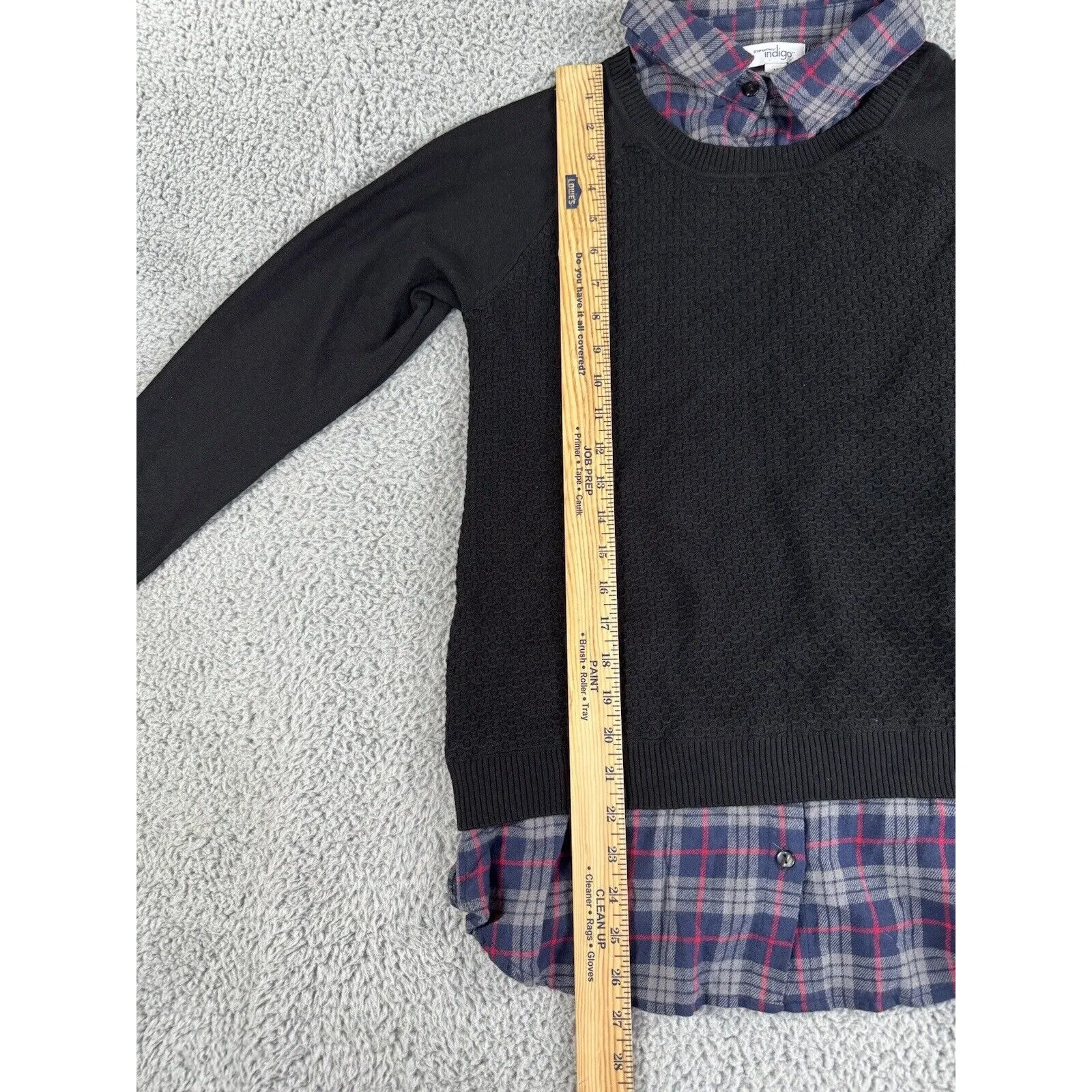Great Northwest Indigo Sweater Women Medium Button Up Plaid Trim‎ Black - Image 4