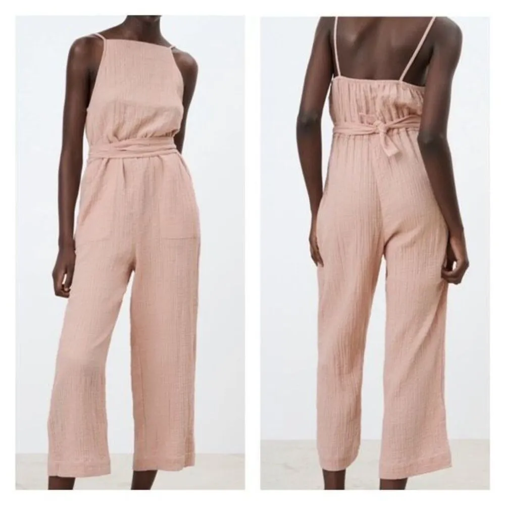 NWT Zara Women's Gauzy‎ Tie Waist Jumpsuit Pink Rose Small Minimalist Textured - Image 2