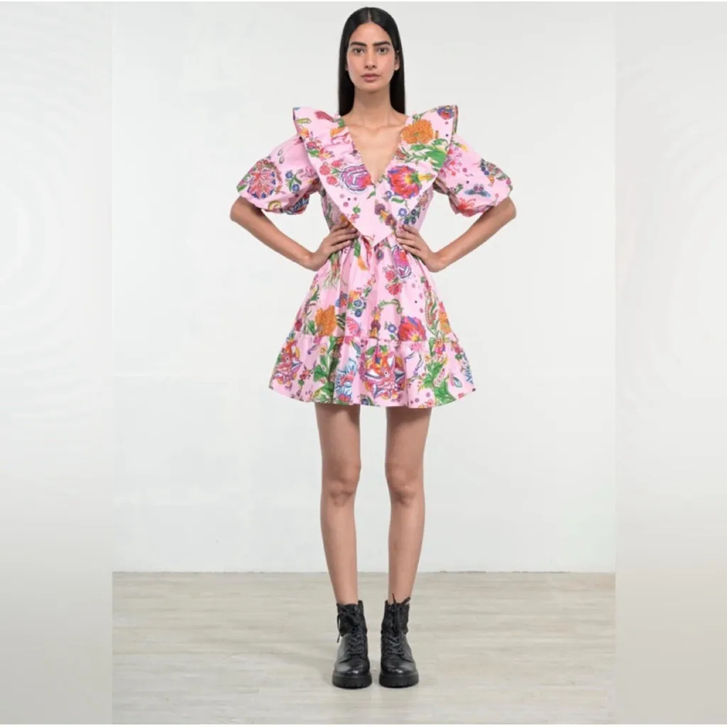 Banjanan Scorpio Dress Tree Of Life Pink Multi Mini Ruffle Tiered LG Poplin EUC - Image 2