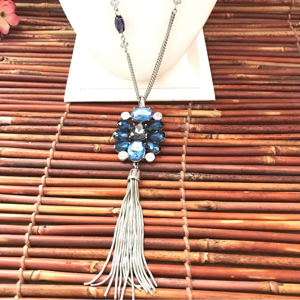 White House Black Market Blue Glass Stone Tassel Pendant Long Necklace - Image 2