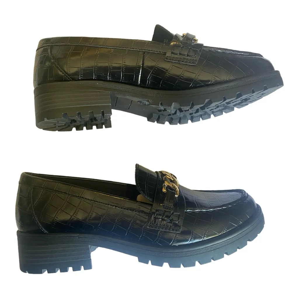 Old‎ Navy Black Faux Leather Chunky Heel Loafers Size 10 - Image 3