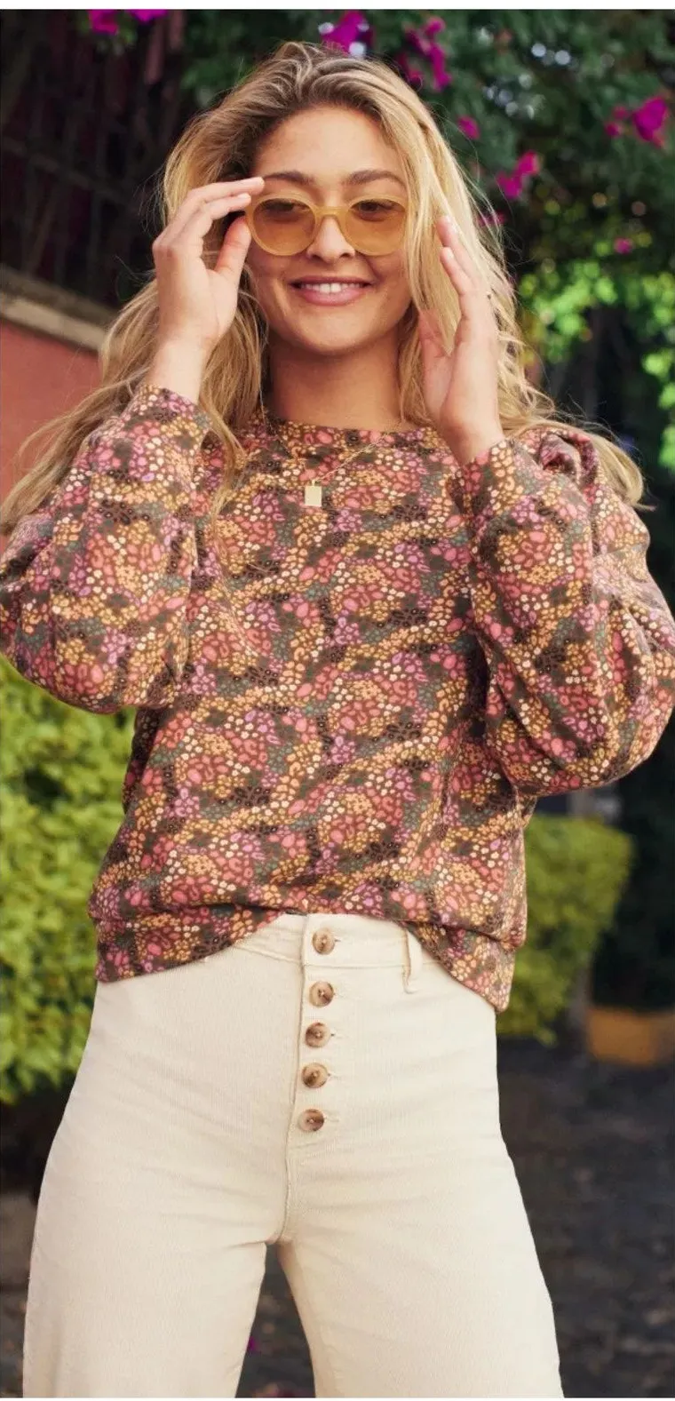 Marine Layer Enya Puff Sleeve Sweatshirt Size Small Brown Floral Coquette - Image 1