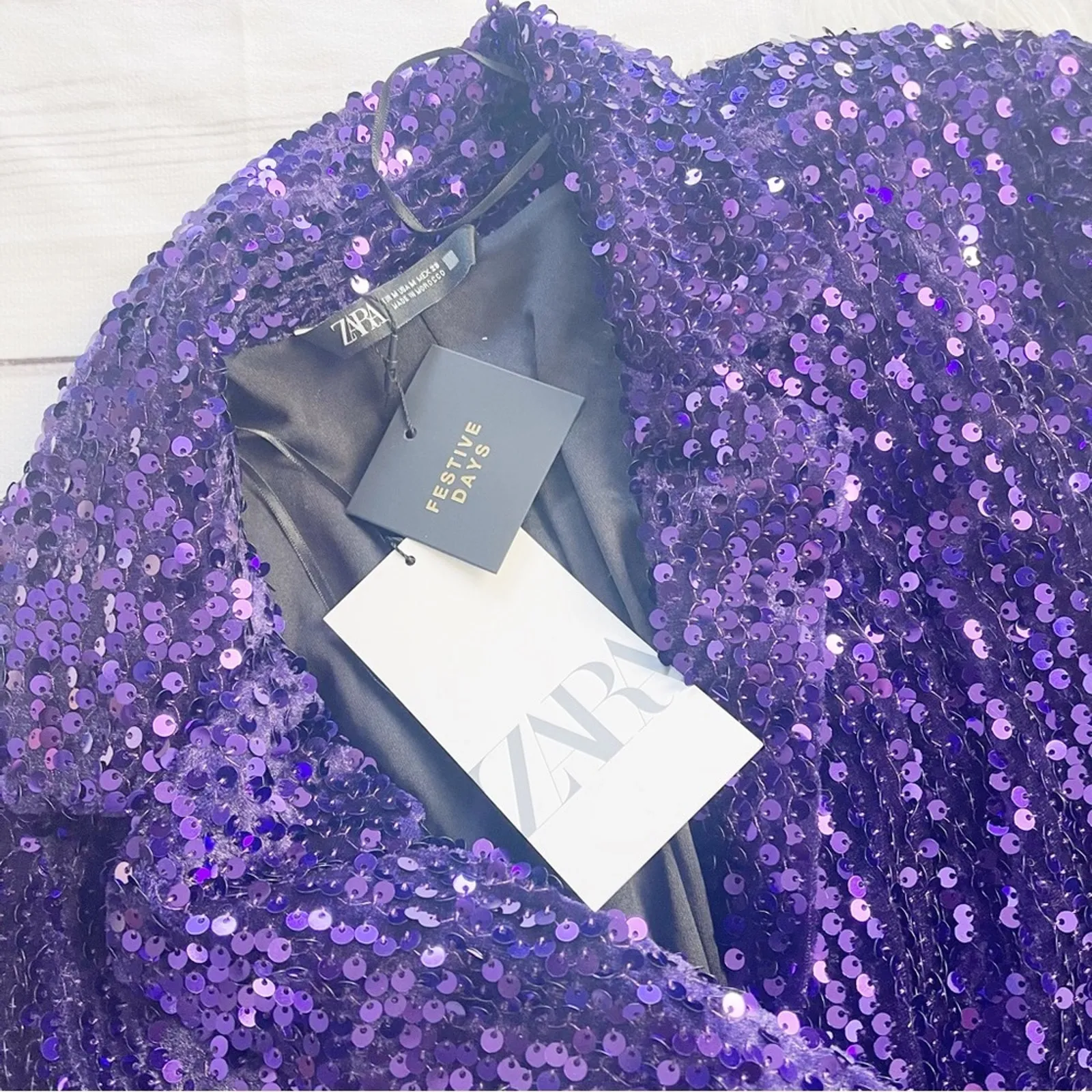 Zara Purple Sequin Long Sleeve Faux Wrap Blazer Dress‎ Size Medium - Image 5