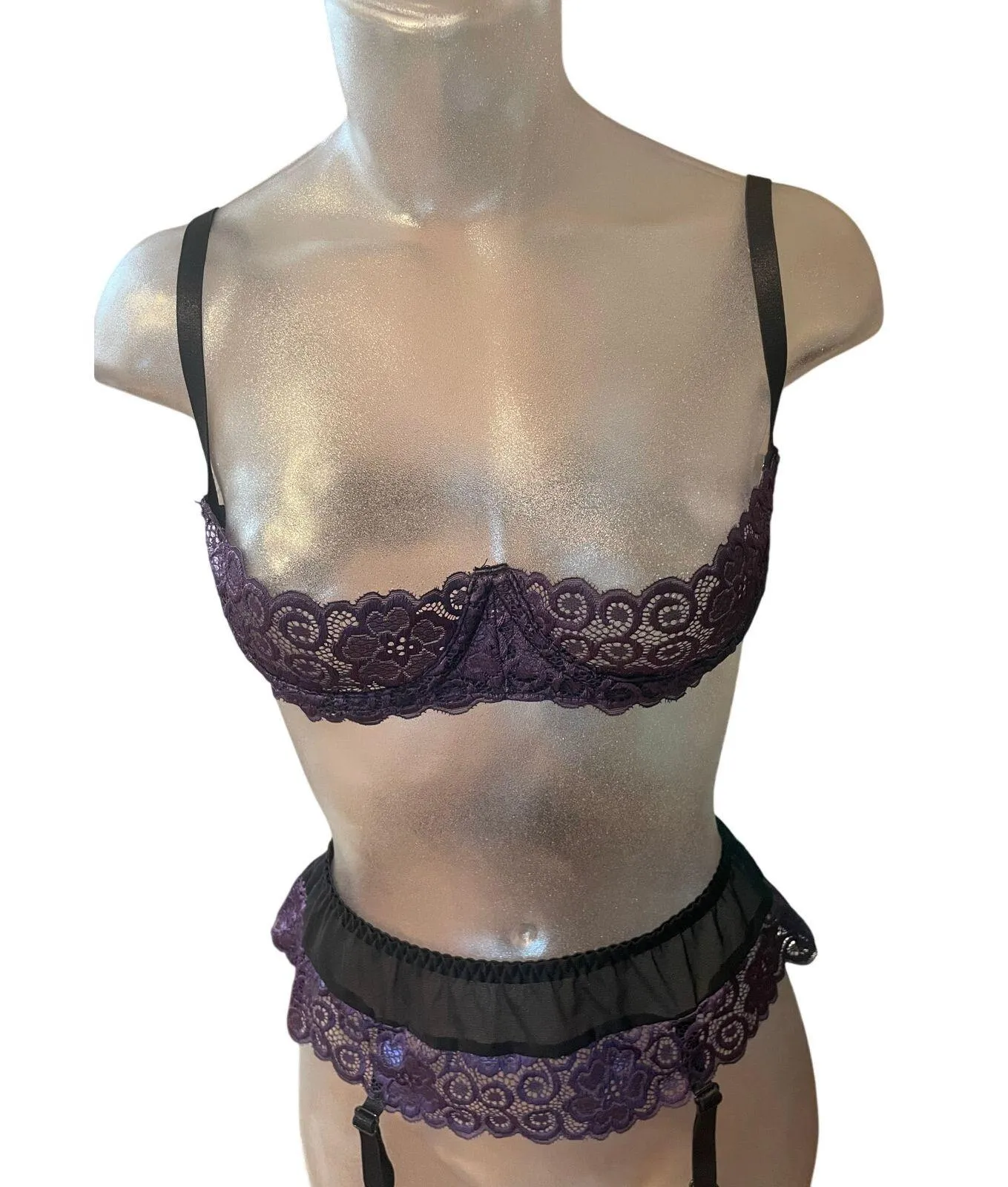 Vintage ESCANTE 2 pc lingerie set balconette bra garter belt purple lace small s - Image 3