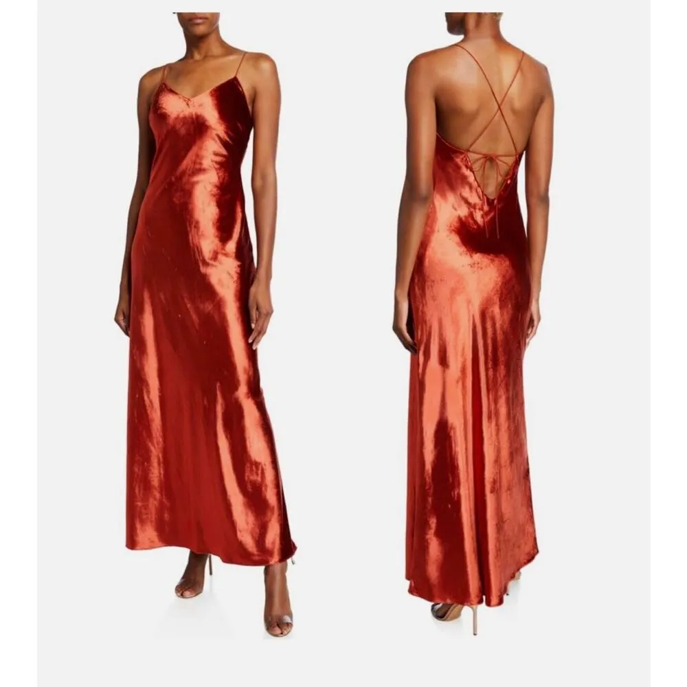Mestiza New York Mara Red Rust Velvet Slip Open Back Cross Strap Gown Medium - Image 14