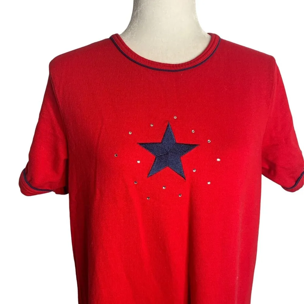 Vintage 90s Quacker Factory T Shirt Maxi Dress M Red Embroidery Stars Rhinestone - Image 2
