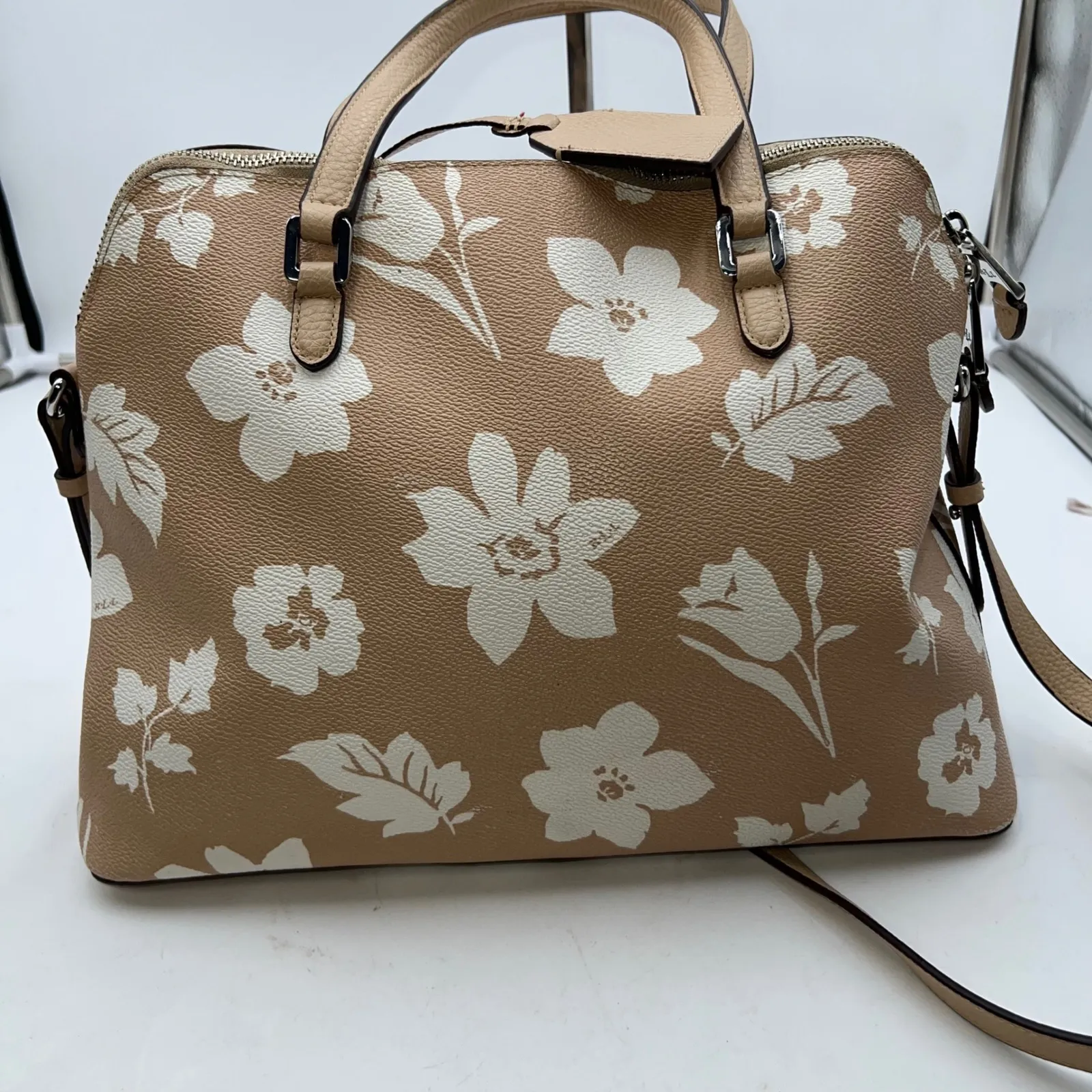 Lauren Ralph Lauren Floral Satchel Handbag Tan White Leather Accents - Image 11
