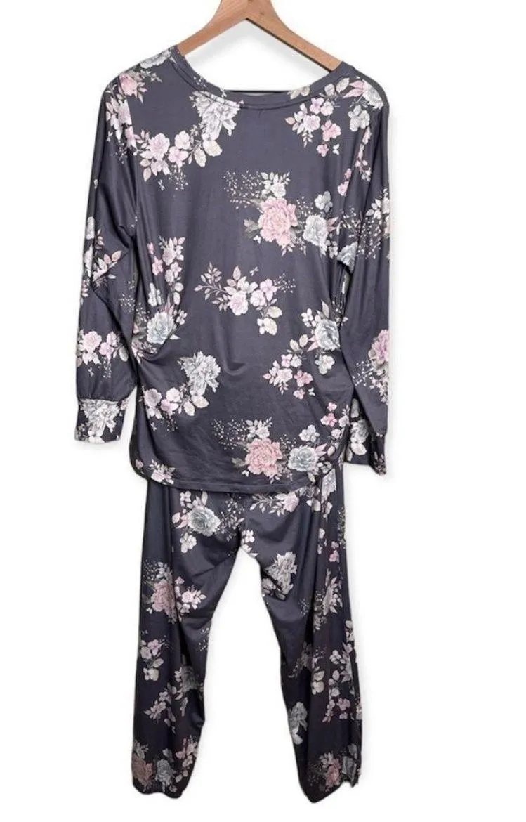Flora Nikrozz Women’s Floral Pajama Set Pants Top Grey Pink Size Medium - Image 2
