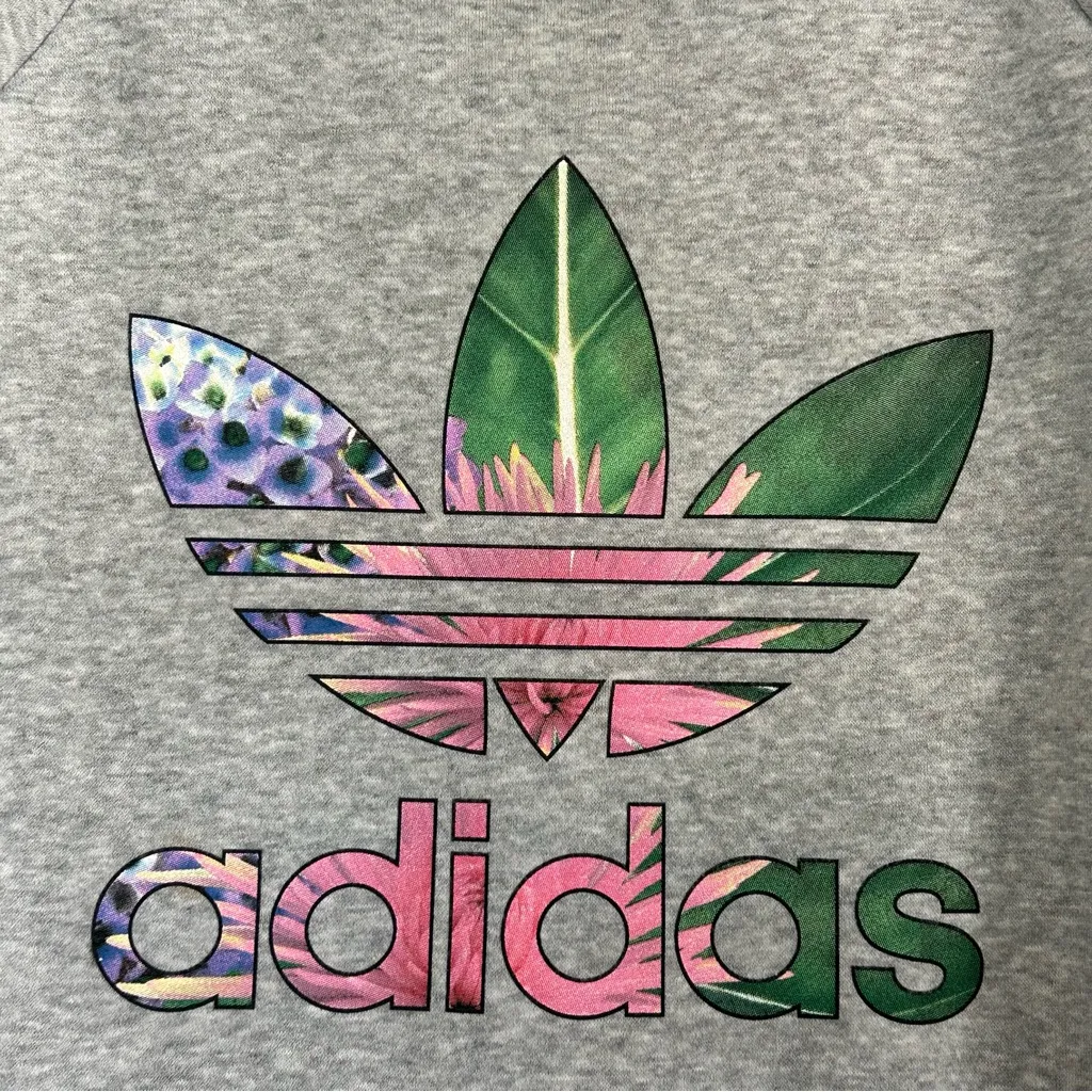 Adidas Tropical Trefoil Heathered Grey Crewneck Sweatshirt Floral Logo Rare S - Image 7
