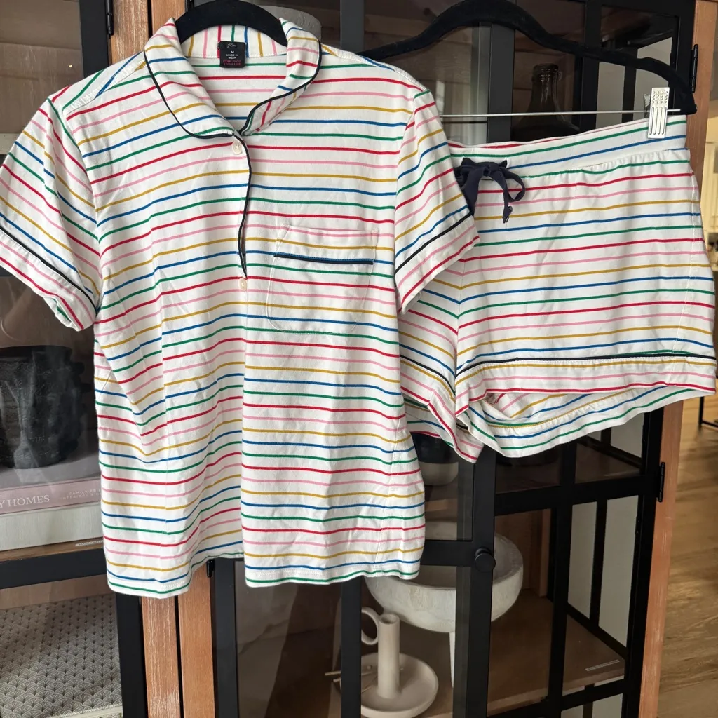 J. CREW Pajamas set short sleeve button down shirt shorts rainbow stripes cotton - Image 9