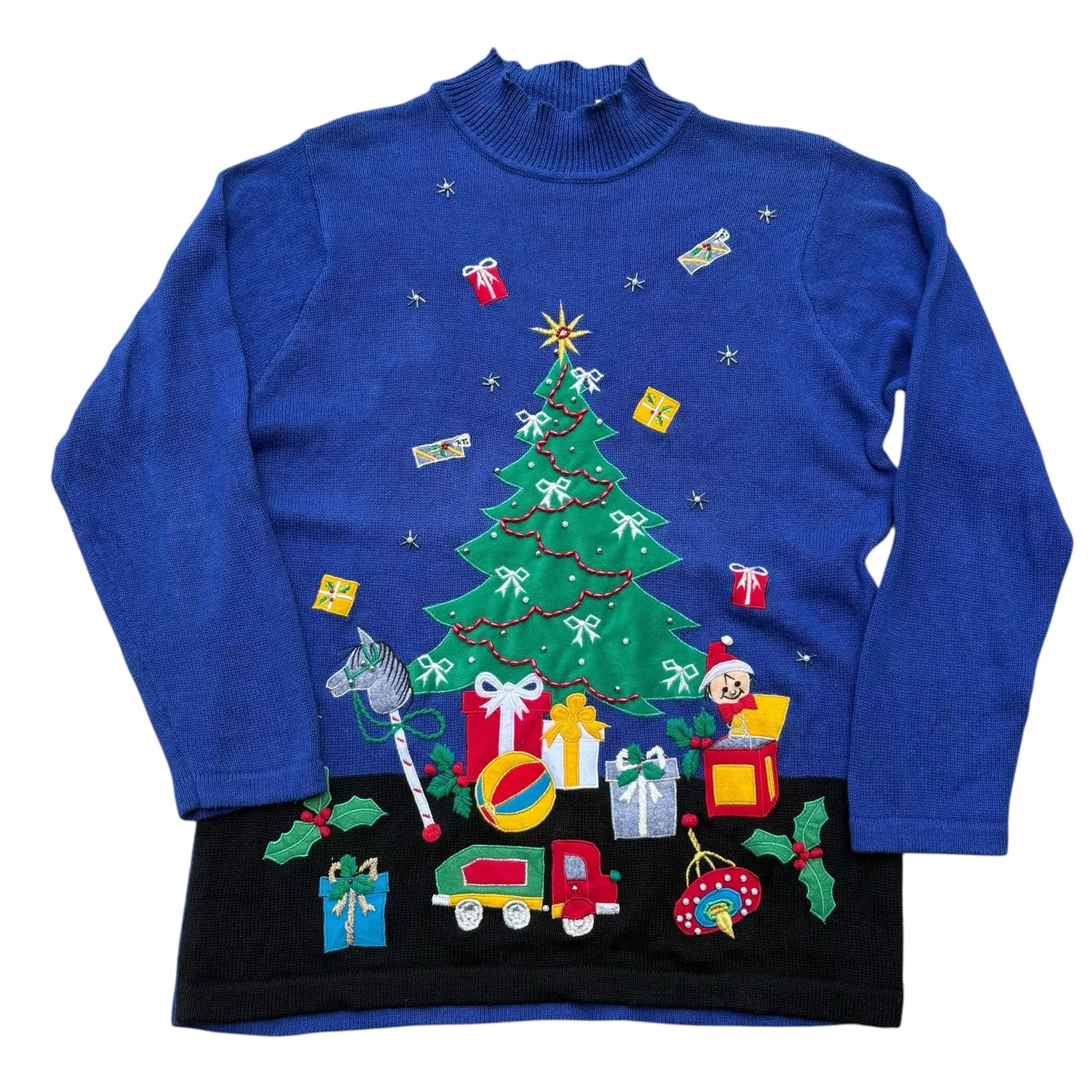 VTG Ugly Christmas Sweater Lg Blue Tree Presents Oversized Ramie Holiday Granny - Image 4