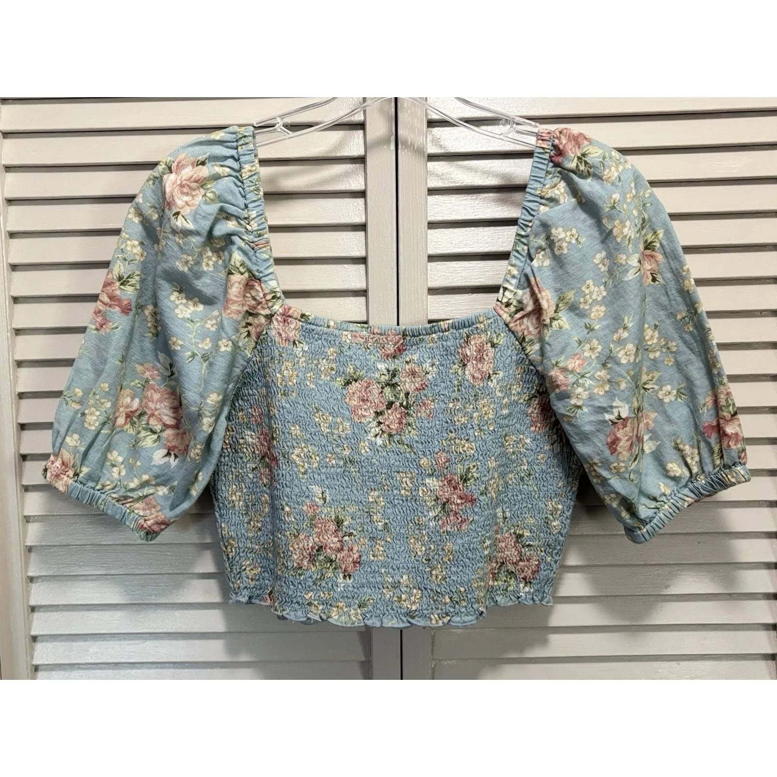 American Eagle Green/Cream Floral Smocked Short Puff Sl‎ Top Size S NWT Linen - Image 4