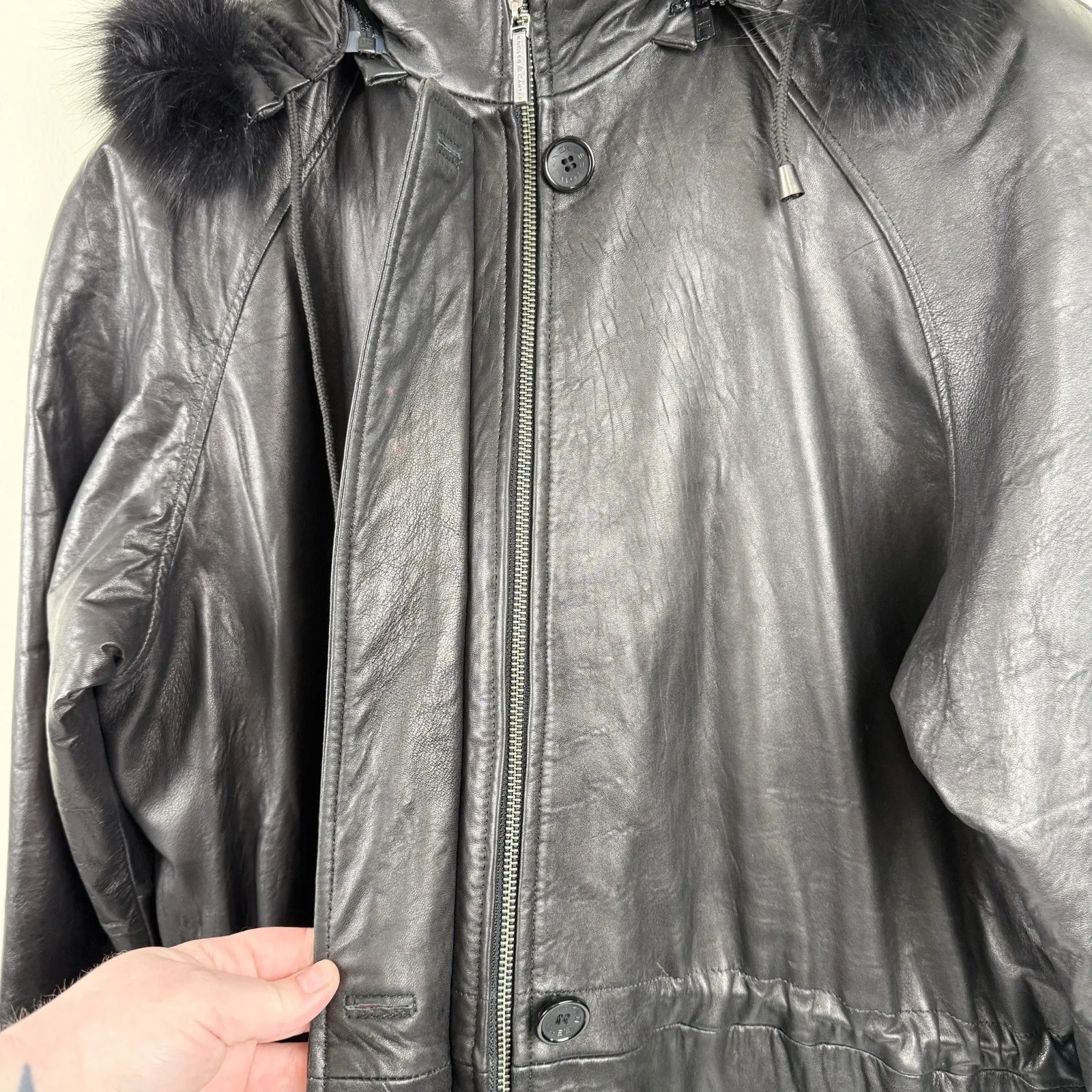Knoles & Carter Downtown Black Leather Coat XL Fur Trim Hood Italian Lambskin - Image 6