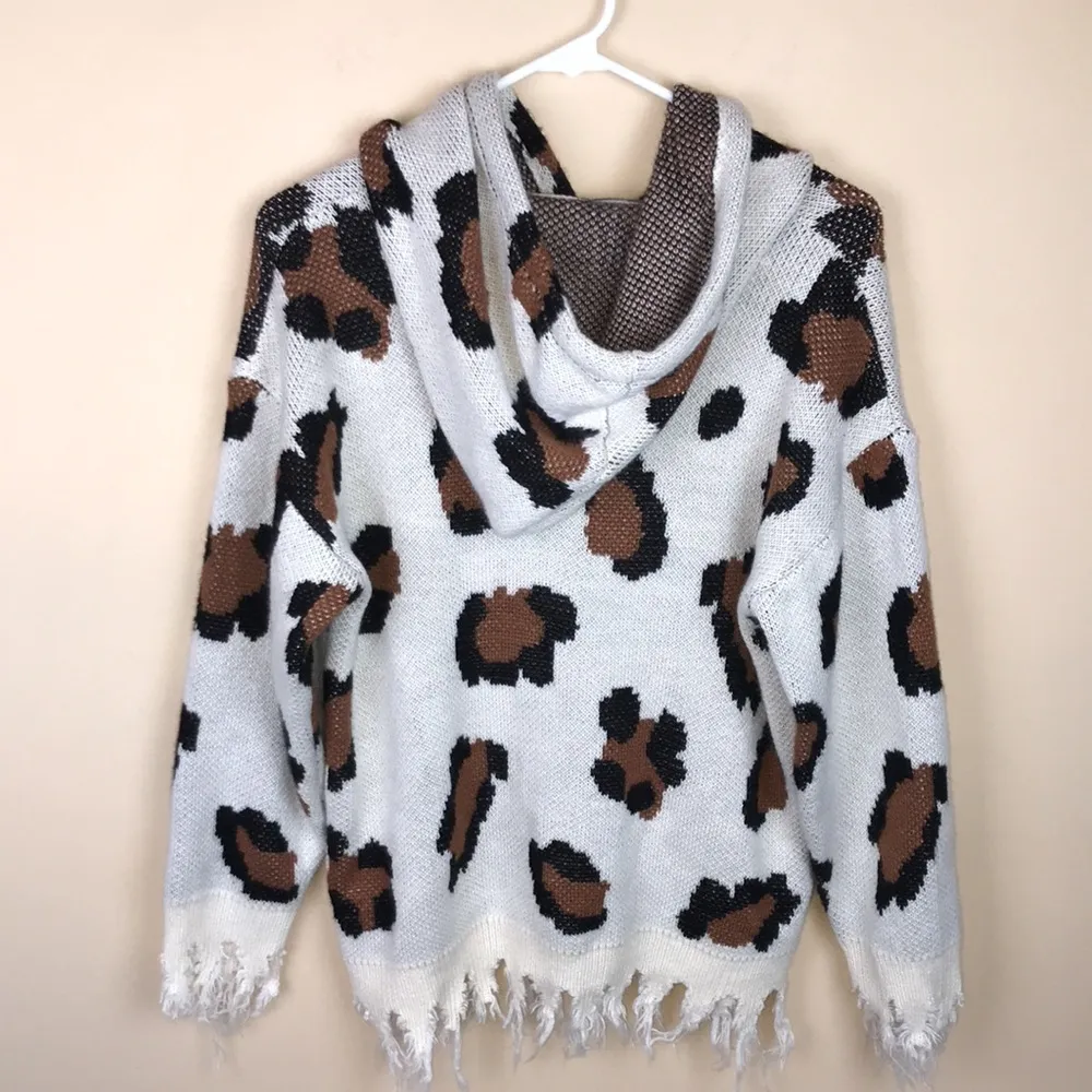 Hayden Los Angeles Women’s Leopard Print Distressed Raw Oversized Hooded Sweater - Image 5