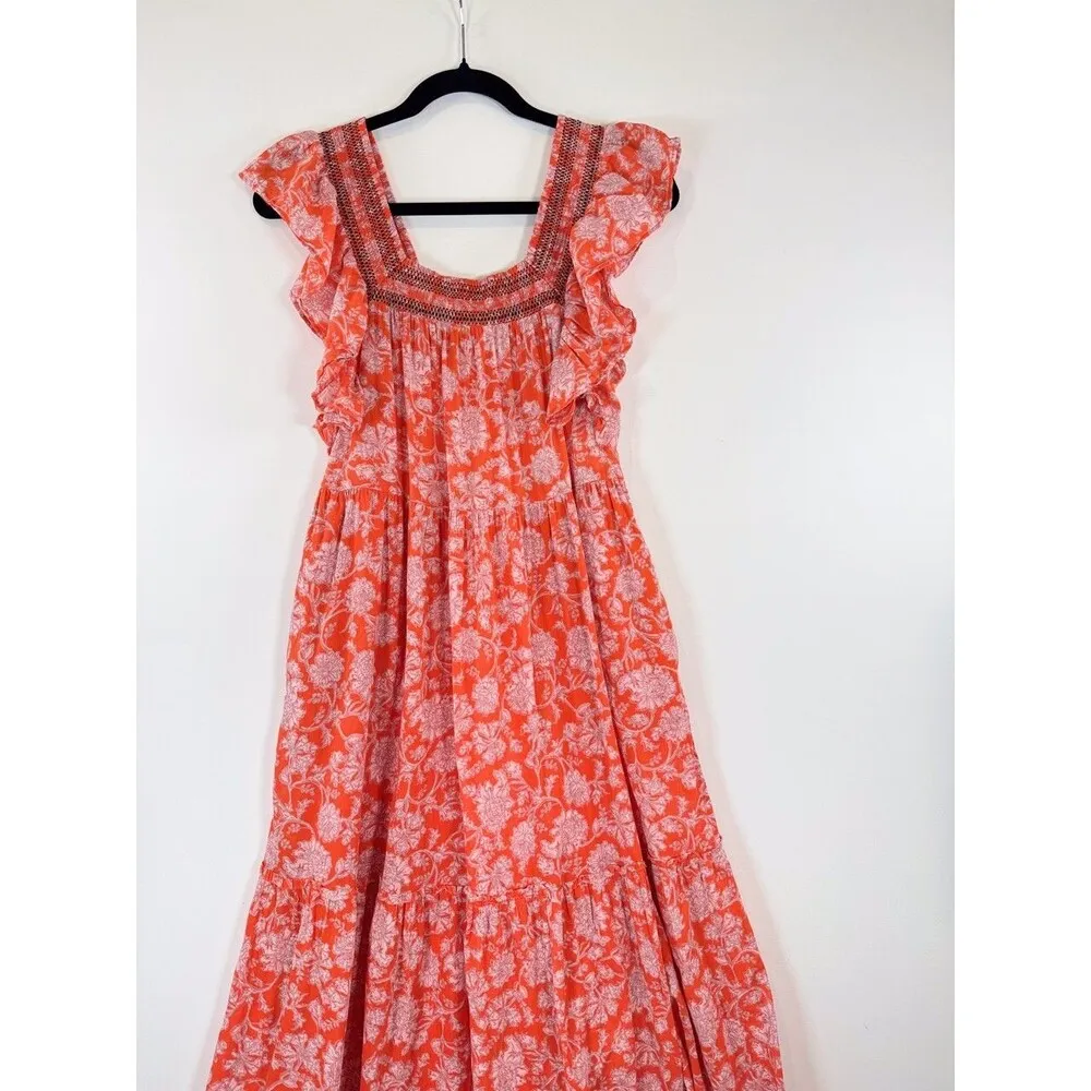 Free People Women Dress Red Bonita Printed Midi Flutter Square Neck Boho Size XS - Image 6