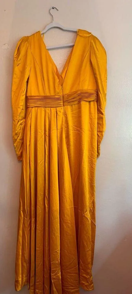 Mac Duggal 12404 FAUX WRAP  A LINE GOWN Formal Dress in Marigold size 14 - Image 5