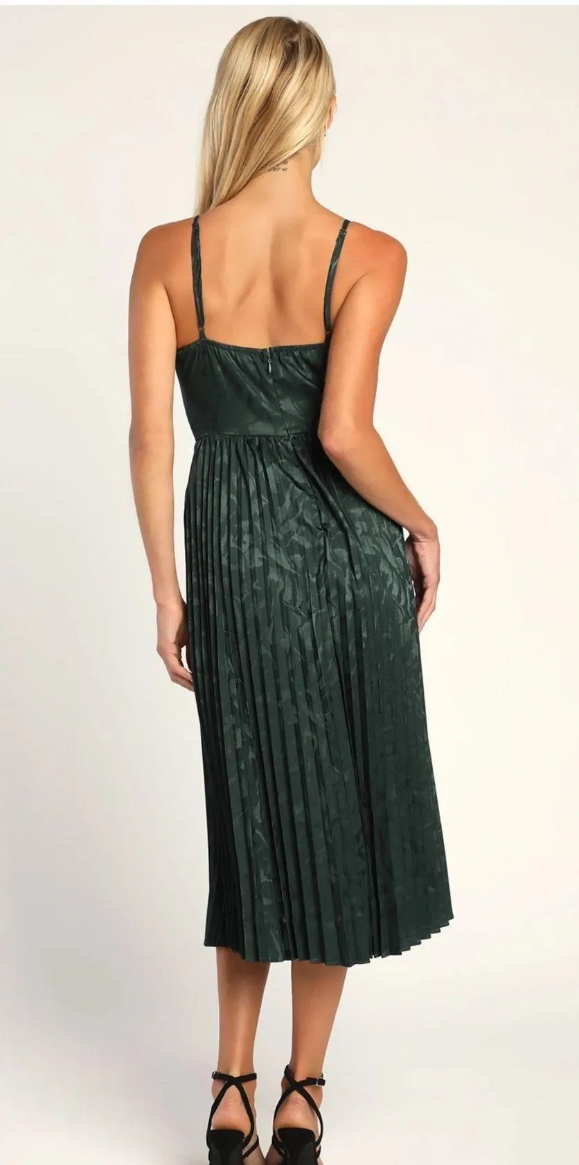 Lulu’s Chic Sensibility Dark Green Satin Jacquard Pleated Midi Dress - Image 2
