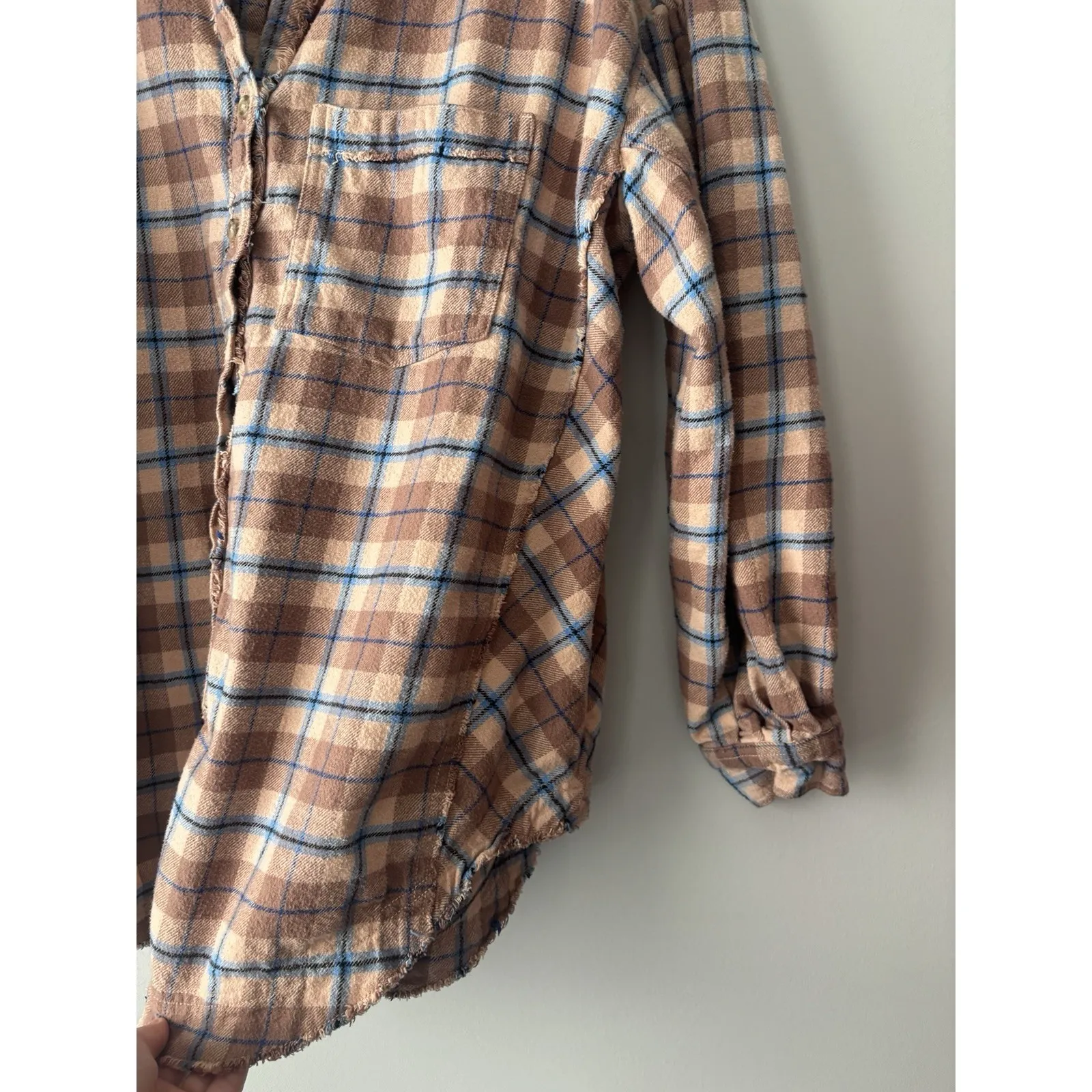 Free‎ People We The Free Happy Hour Oversized Flannel Shirt Tan Blue Size Small - Image 9