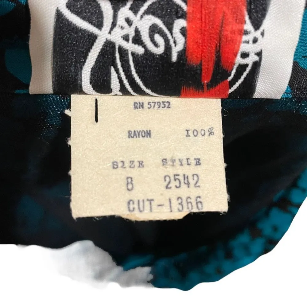 Secrets Vintage 80s Teal Black Floral Sultry Wrap Style Blouson Maxi Dress Size 8 - Image 7
