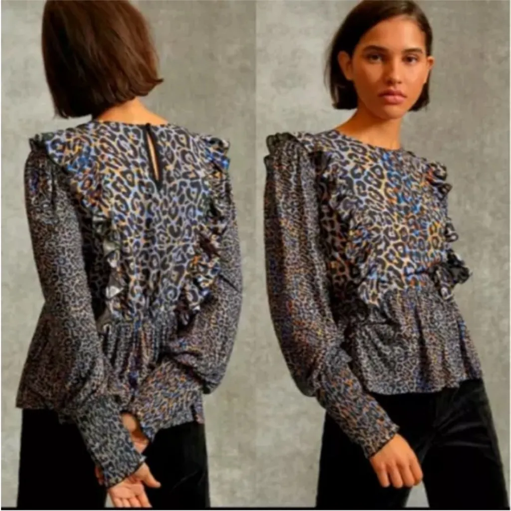 Blnk Bl^nk Anthropologie Moira Blue Leopard Print Ruffle Peplum Top Blouse Sz XS - Image 2