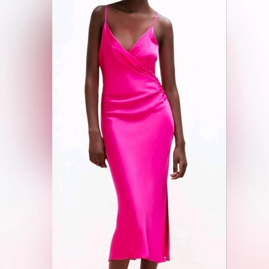 Zara Valentine's Edition Hot Pink Satin Maxi Dress Size XS. - Image 2