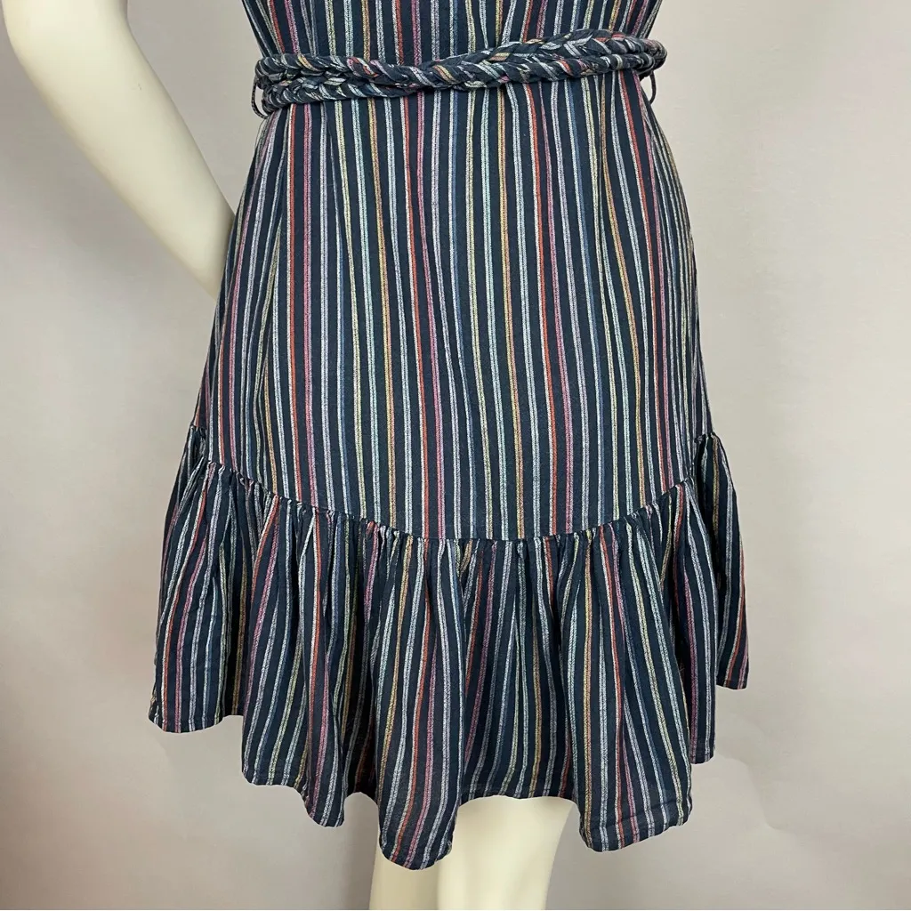 Marine Layer Dress Laney Linen Mini Navy Rainbow Stripe Size Small Braided Belt - Image 9